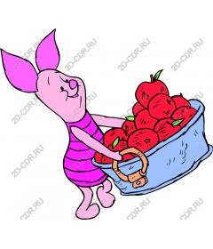 Playful pink pig with basket of apples