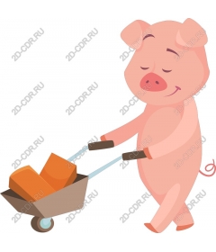 Funny pig with a wheelbarrow