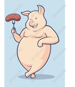 Cheerful character pig with sausage