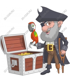  Charming pirate with treasure chest and parrot