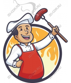 Happy chef is grilling sausages