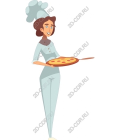 Cheerful woman chef with pizza