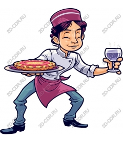 Happy chef delivers pizza