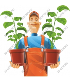 Cheerful gardener with plants in pots