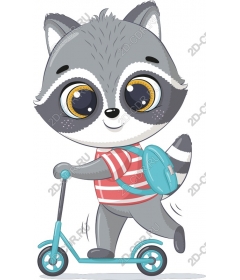Playful raccoon on a scooter