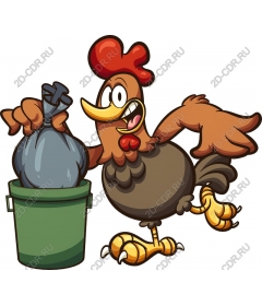 Funny cartoon chicken with a garbage bag