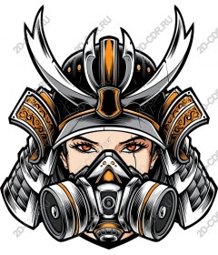 Woman samurai with a gas mask