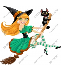 Bright witch on a broomstick with black cat