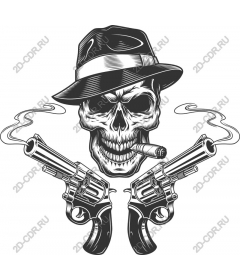 Vintage gangster skull with two revolvers