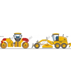 Set of heavy construction equipment: roller and grader