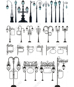 Комплект из декоративных уличных фонарных столбов и вывесок