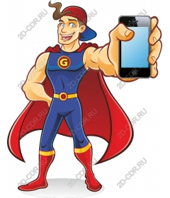 The character of a superhero with a smartphone