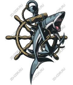  A ferocious shark with a ship helm and anchor