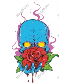  Bright blue skull with red rose