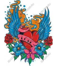  Bright love heart with wings and flowers