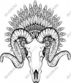 Majestic sheep's skull with feathered headdress