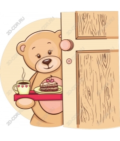  A cute bear holding a coffee and dessert