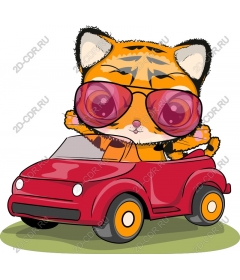  Cute cartoon tiger in a red car