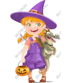 Charming young witch and dragon Halloween