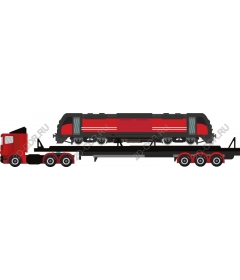 Red truck carrying a train locomotive