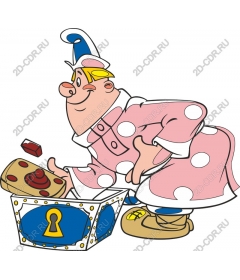 Fun character in a polka dots with a box of treasure